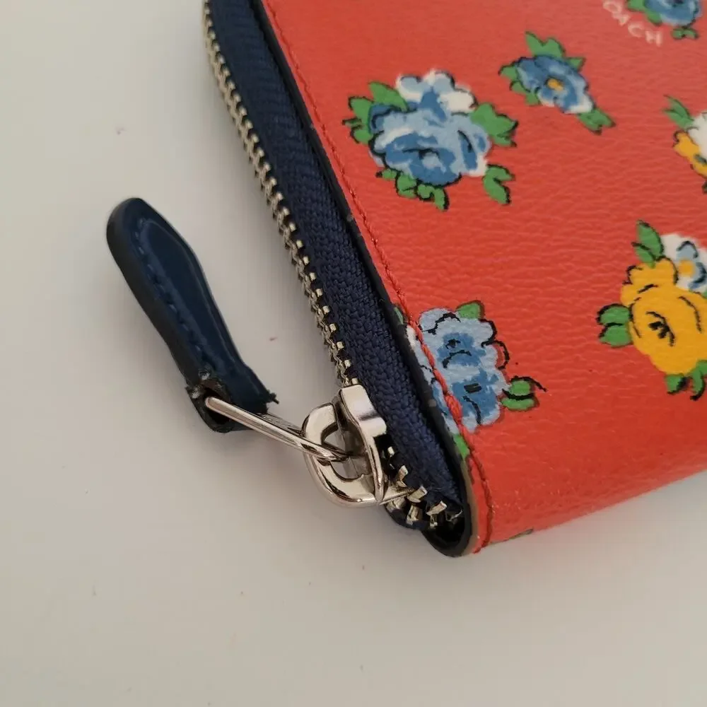 Coach‎ Accordion Zip Wallet Tea Rose Floral Print Coated Canvas Blue Red F57649